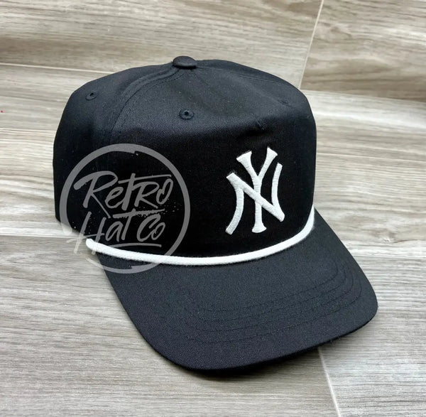 Vintage 90S New York Yankees (White Ny) Patch On Black Retro Hat W/White Rope Ready To Go