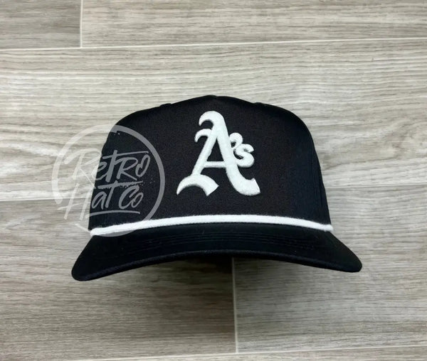 Vintage 90S Oakland As (White) Patch On Black Rope Hat W/White Ready To Go