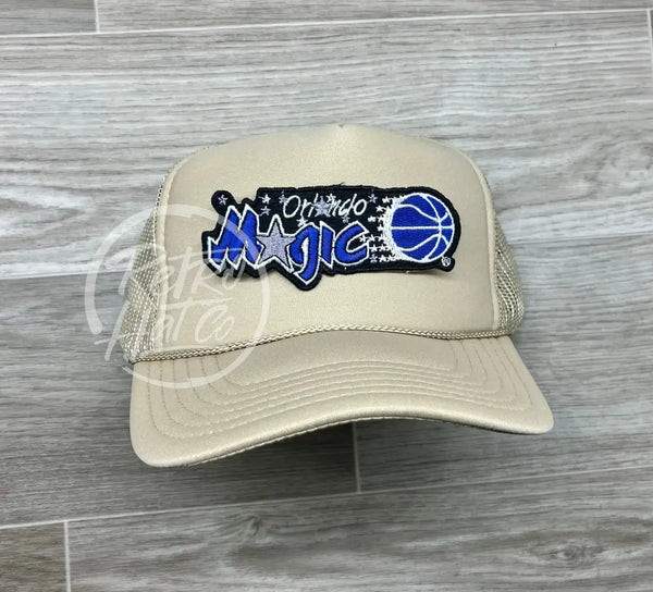 Vintage 90S Orlando Magic Patch On Beige Meshback Trucker Hat Ready To Go