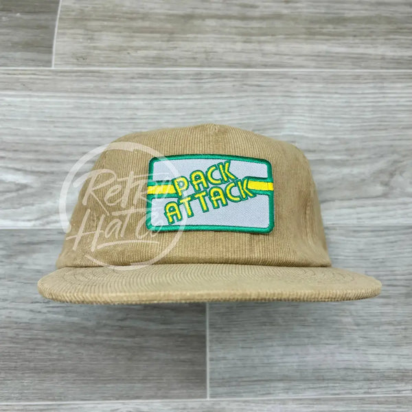 Vintage 90S Green Bay Packers Pack-Attack Patch On Tan Corduroy Retro Hat Ready To Go