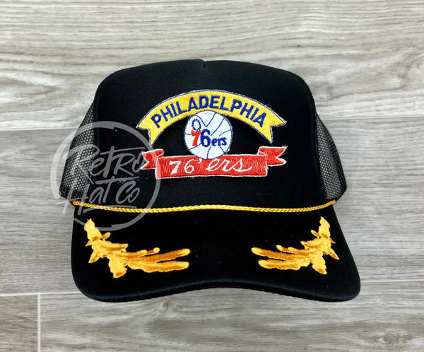 Vintage 90S Philadelphia 76Ers Patch On Black Meshback Trucker Hat W/Scrambled Eggs Ready To Go
