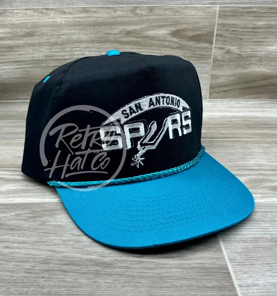 Vintage 90S San Antonio Spurs Patch On Black/Turquoise Retro Rope Hat Ready To Go