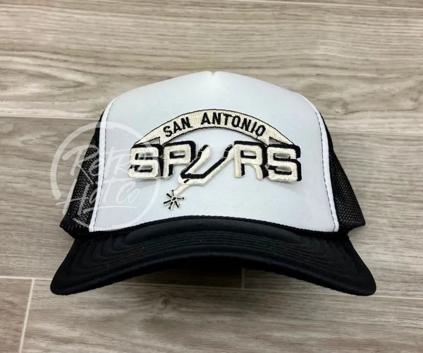 Vintage 90S San Antonio Spurs Patch On Black/White Meshback Trucker Hat Ready To Go