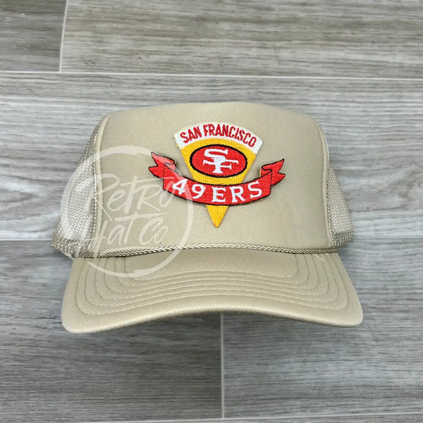 Vintage 90S San Francisco 49Ers Niners Pennant Patch On Beige Meshback Trucker Hat Ready To Go