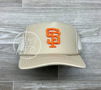 Vintage 90S San Francisco Giants Patch On Beige Meshback Trucker Hat Ready To Go
