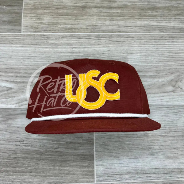 Vintage 90S Usc Trojans - Southern California Patch On Maroon Retro Hat W/White Rope Ready To Go
