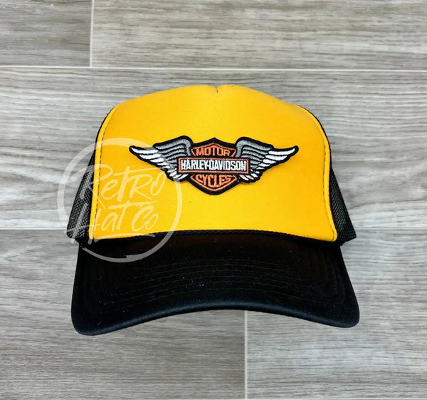 Vintage Harley Davidson Wings Patch On Black/Gold Trucker Hat Ready To Go