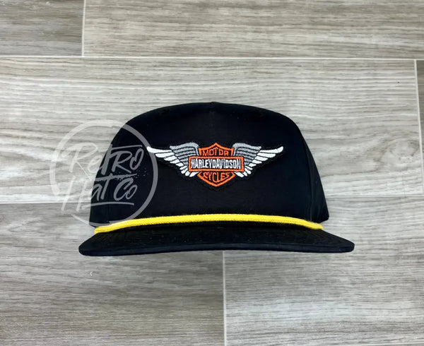 Vintage Harley Davidson Wings Patch On Black Retro Hat W/Yellow Rope Ready To Go