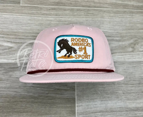 Vintage Rodeo #1 Sport On Blush Retro Hat W/Maroon Rope Turquoise Border Ready To Go