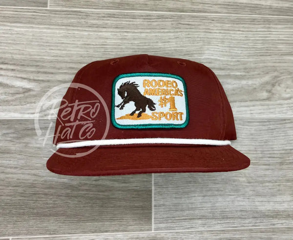 Vintage Rodeo #1 Sport On Maroon Retro Hat W/White Rope Turquoise Border Ready To Go
