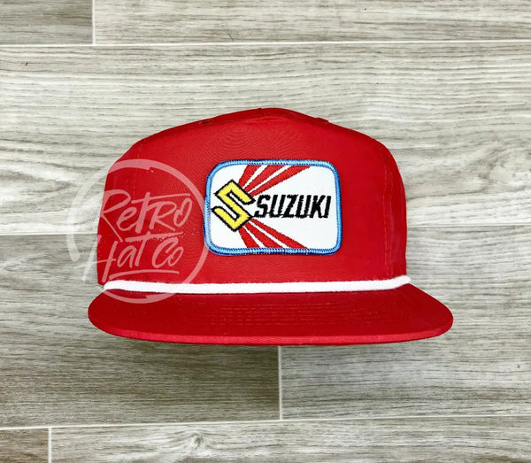 Vintage Suzuki Patch On Red Retro Poly Rope Hat Ready To Go