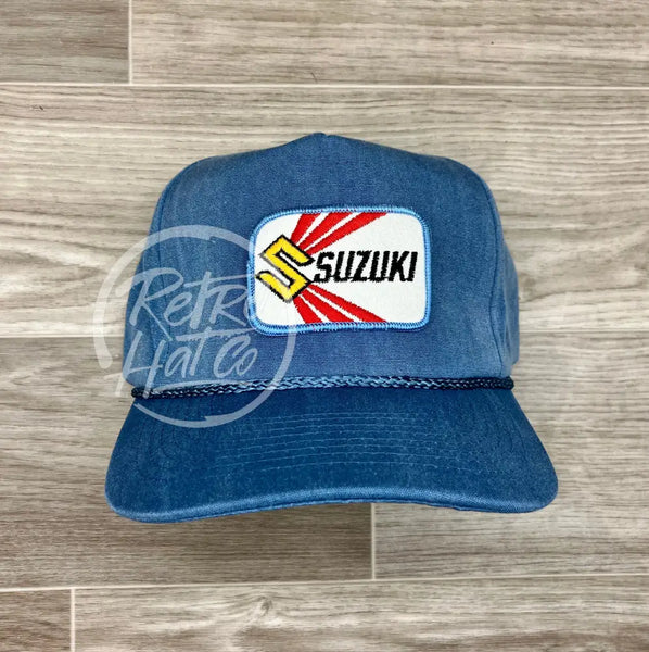 Vintage Suzuki Patch On Sky Stonewashed Retro Rope Hat Ready To Go
