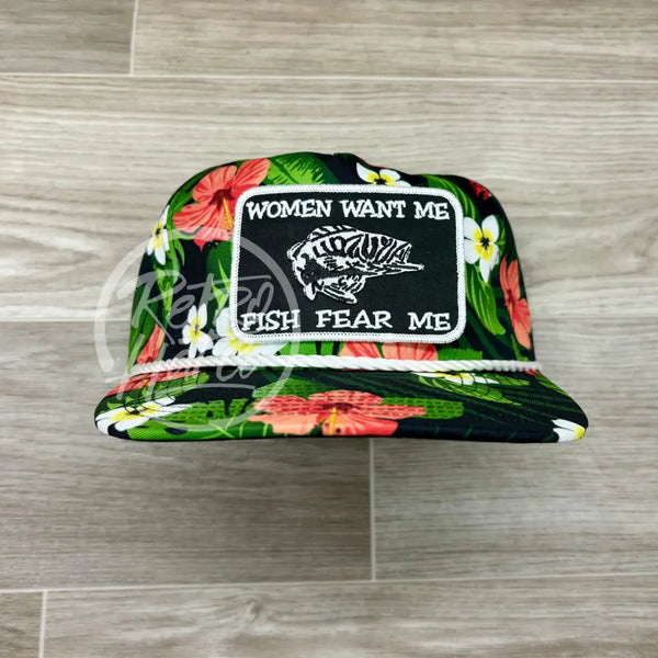 Women Want Me / Fish Fear On Black Hawaiian Retro Rope Hat W/Leather Strap Back Ready To Go