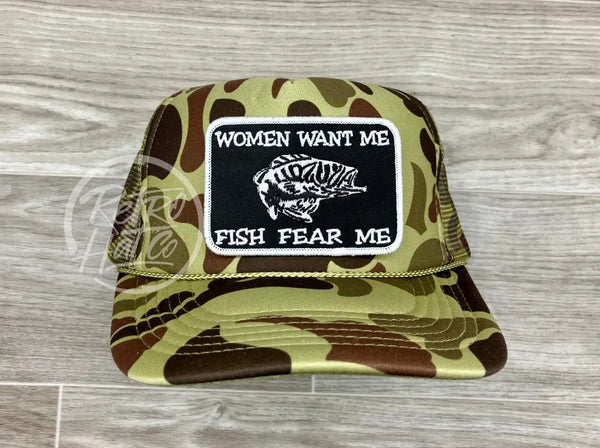 Women Want Me / Fish Fear On Full Camo Meshback Trucker Hat Ready To Go