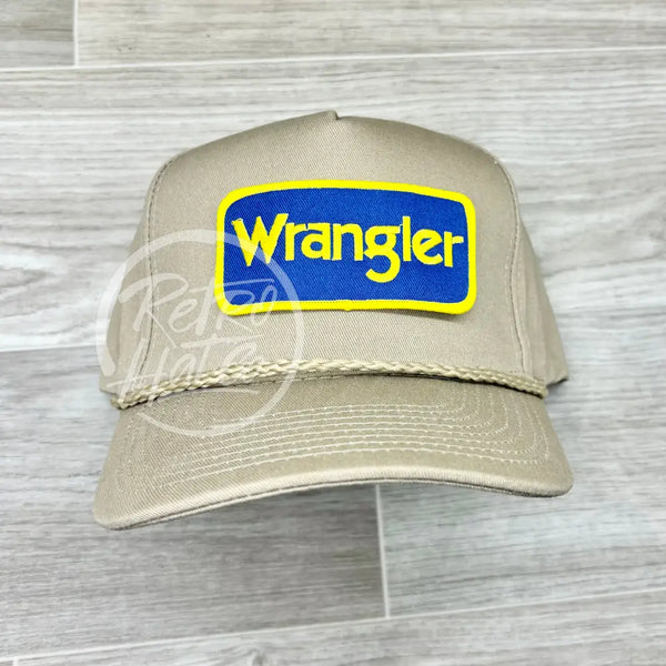 Wrangler (Blue) On Tall Tan Retro Rope Hat Ready To Go