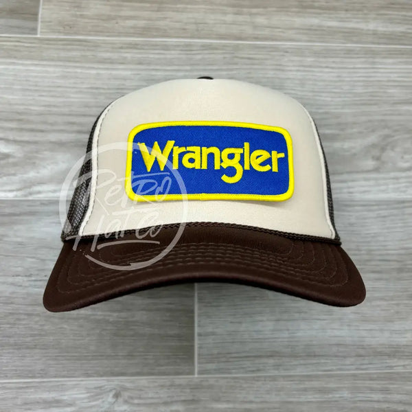 Wrangler (Blue) Patch On Brown/Beige Meshback Trucker Hat Ready To Go