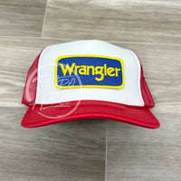 Wrangler (Blue) Patch On Red/White Meshback Trucker Hat Ready To Go