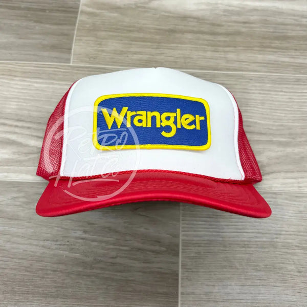 Wrangler (Blue) Patch On Red/White Meshback Trucker Hat Ready To Go