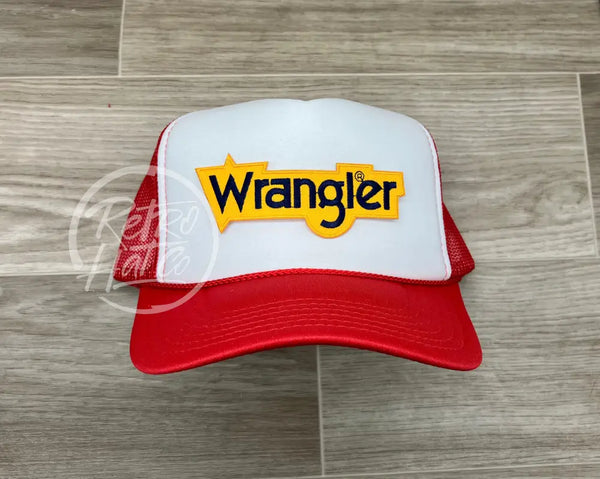 Wrangler Patch On Red/White Meshback Trucker Hat Ready To Go