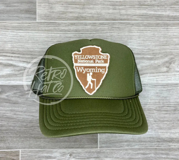 Yellowstone National Park Arrowhead On Olive Meshback Trucker Hat Ready To Go